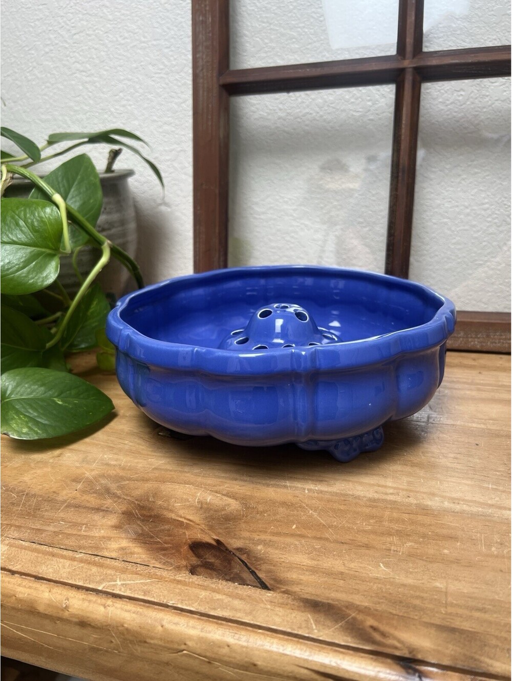Metlox Poppytrail Flower Frog Pedestal Bowl Delphinium Blue MCM Vintage